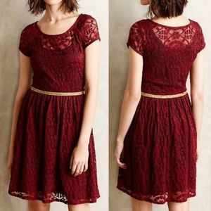 ANTHROPOLOGIE Snowlace Dress Dark Red Burgundy Lace Gold Ribbon Belt